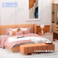 C4DOC模型-卧室场景床飘窗衣柜衣服床头柜